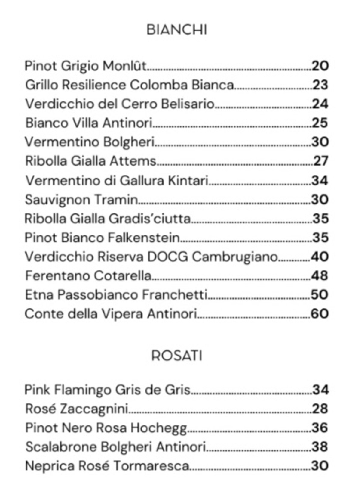 Bianchi e Rosati Carta dei Vini Bistrot139