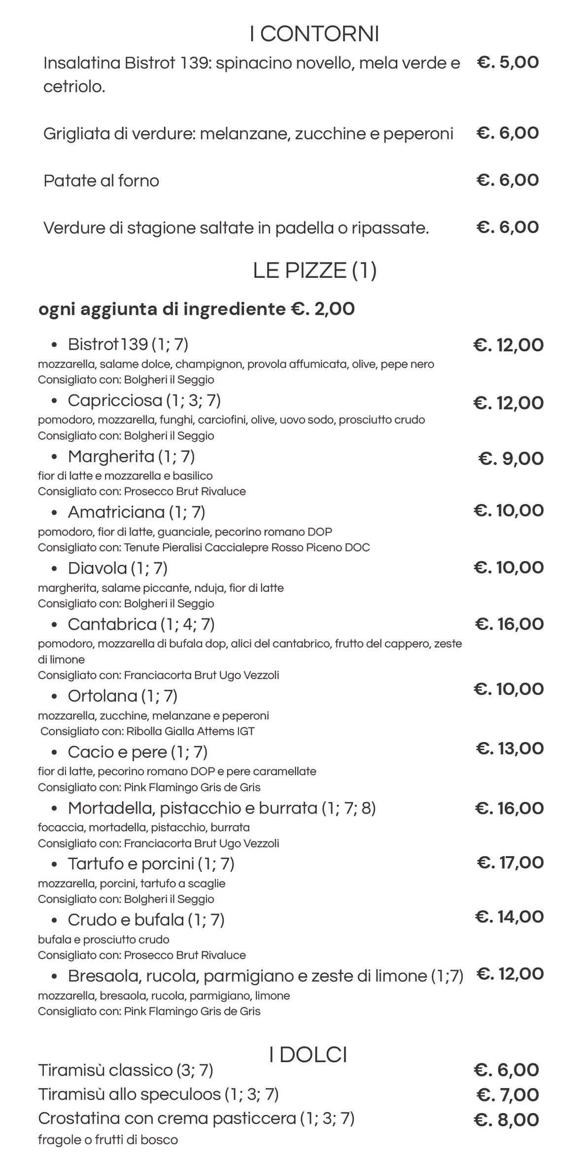 Pizze e Dolci Menù Bistrot139